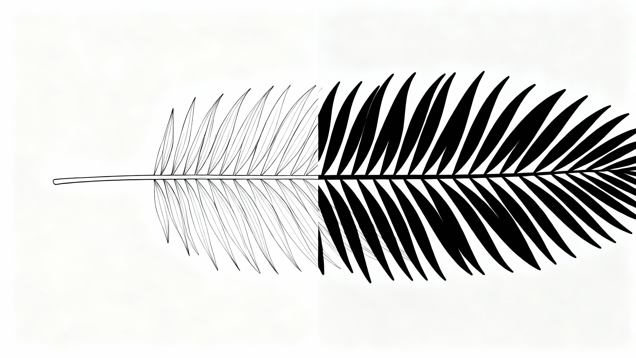 A before-and-after style illustration showing the effect of a line thickener. The left side features a fern leaf drawn with very thin lines, while the right side shows the same leaf with bold, thick lines.