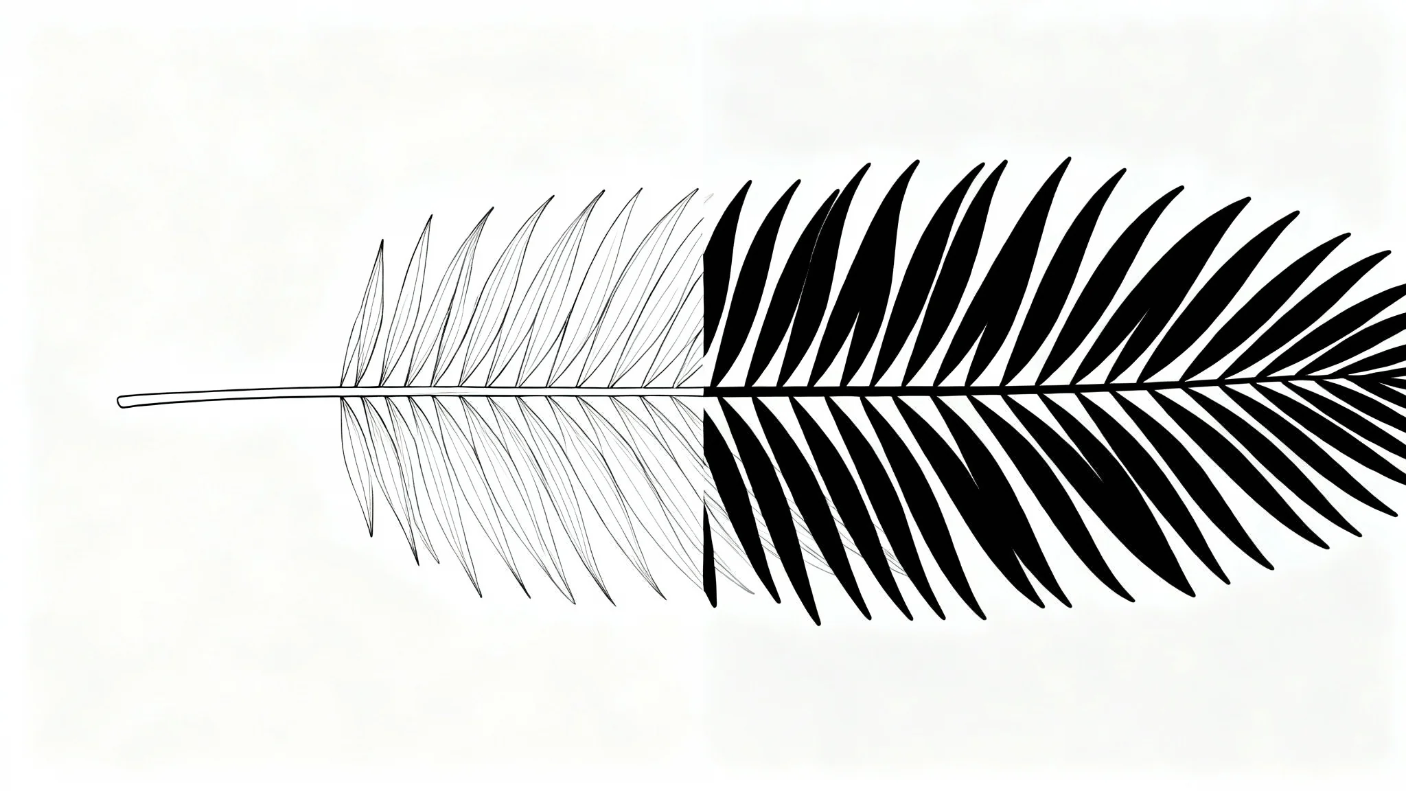 A before-and-after style illustration showing the effect of a line thickener. The left side features a fern leaf drawn with very thin lines, while the right side shows the same leaf with bold, thick lines.