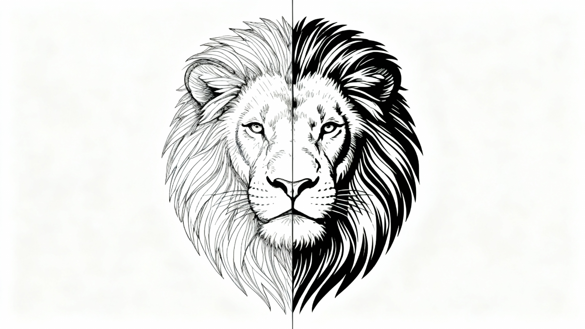 A before-and-after illustration of a lion's head, showing the effect of a line thickener. The left side is drawn with thin lines, and the right side is drawn with thick, bold lines.