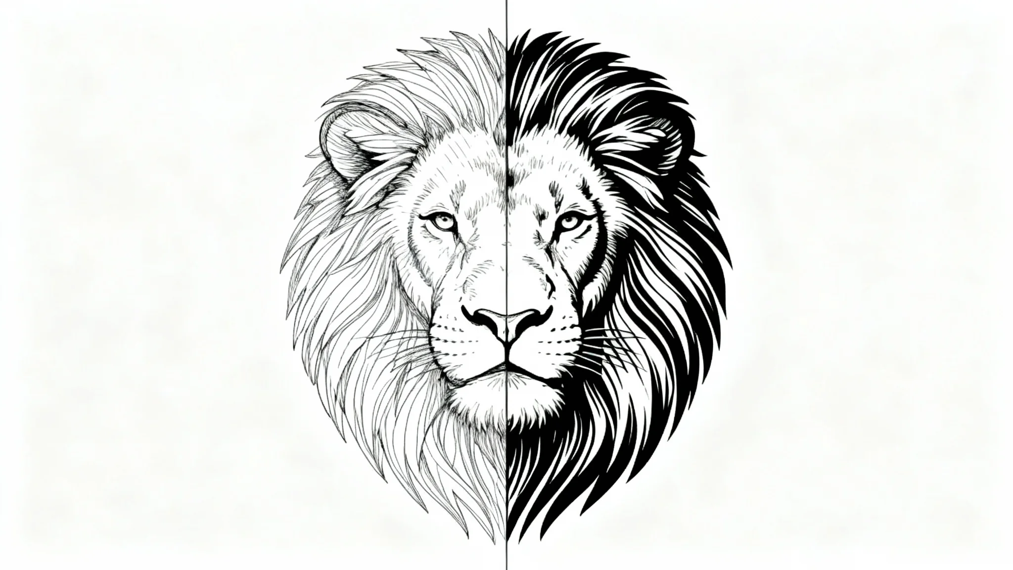 A before-and-after illustration of a lion's head, showing the effect of a line thickener. The left side is drawn with thin lines, and the right side is drawn with thick, bold lines.