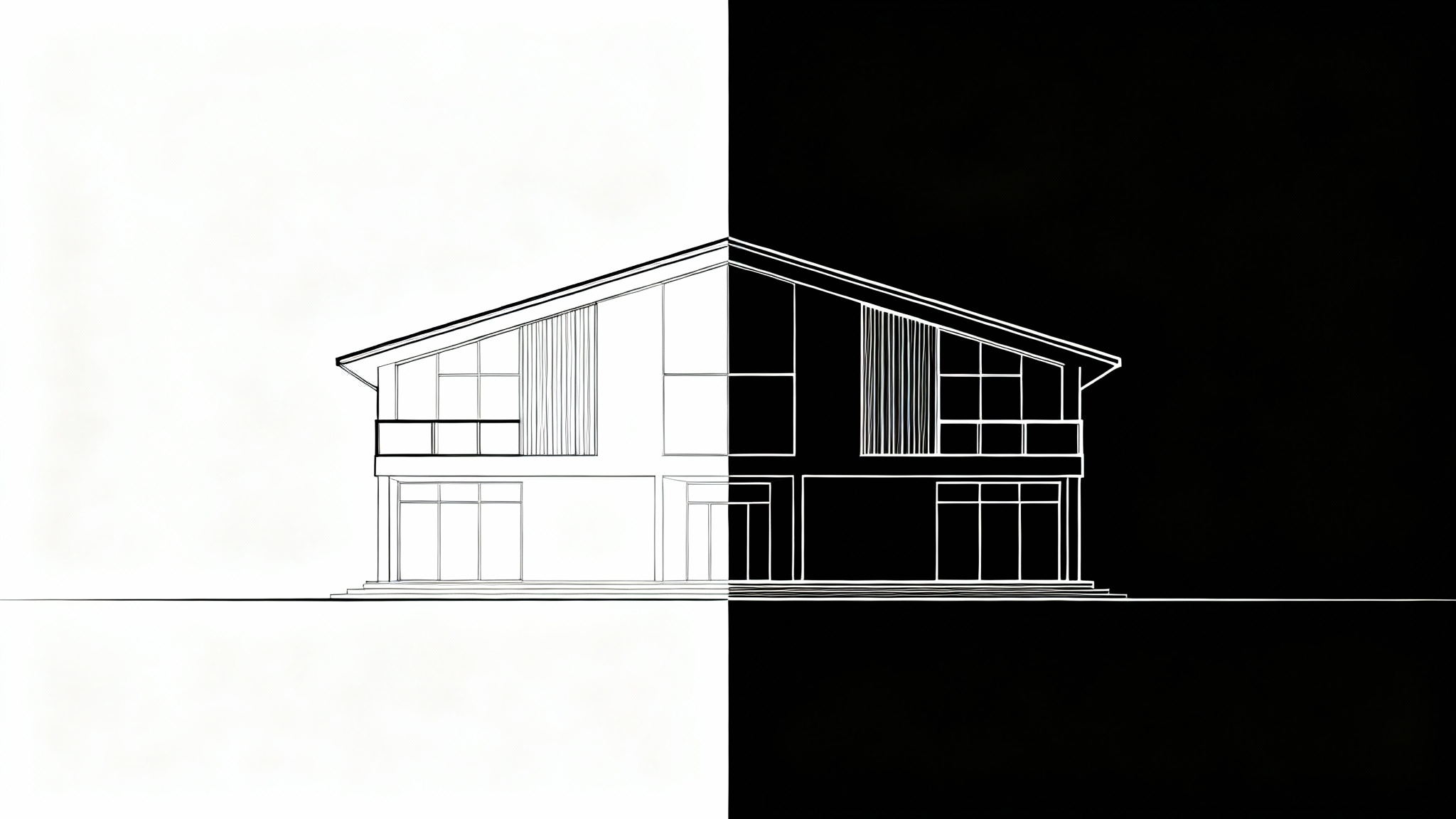 A side-by-side comparison of a house illustration. The left side is drawn with very thin lines, and the right side is drawn with very thick, bold lines, demonstrating the effect of a line thickener.