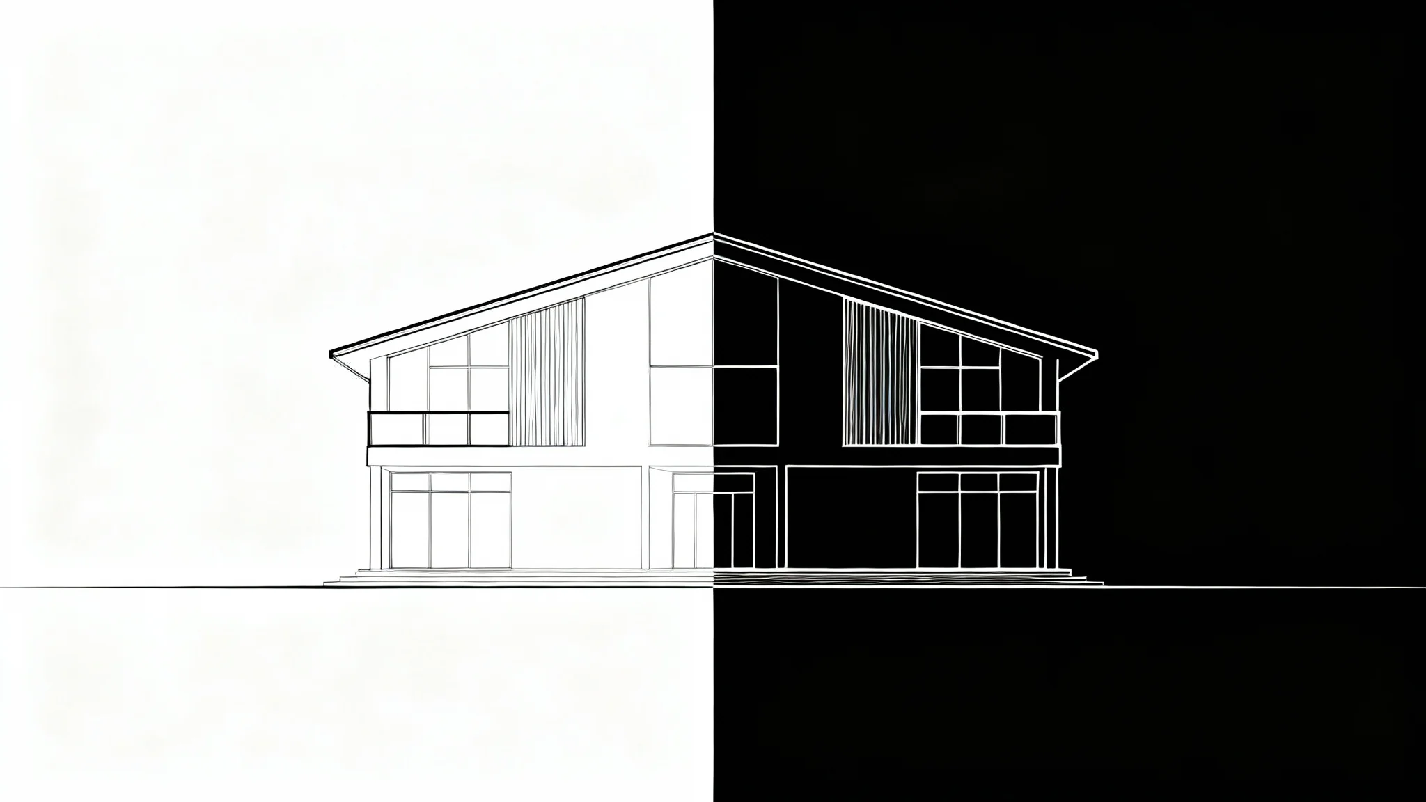 A side-by-side comparison of a house illustration. The left side is drawn with very thin lines, and the right side is drawn with very thick, bold lines, demonstrating the effect of a line thickener.