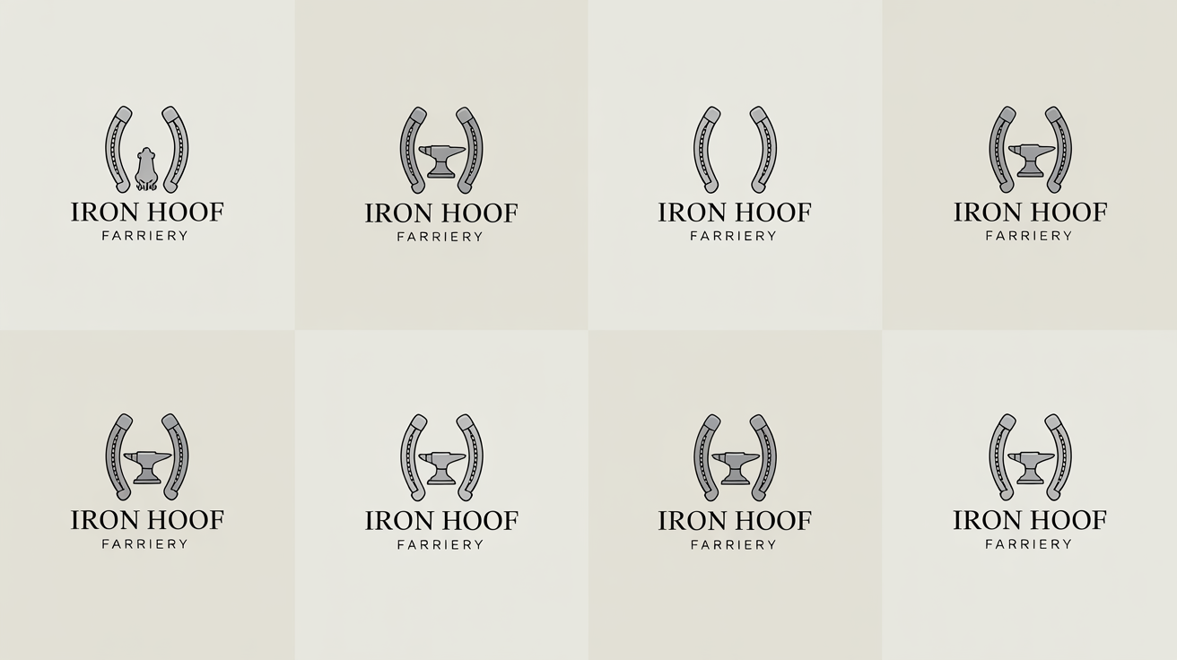 A collection of professionally designed logos for farrier businesses, displayed in a grid, featuring various designs with horseshoes, anvils, and horses.