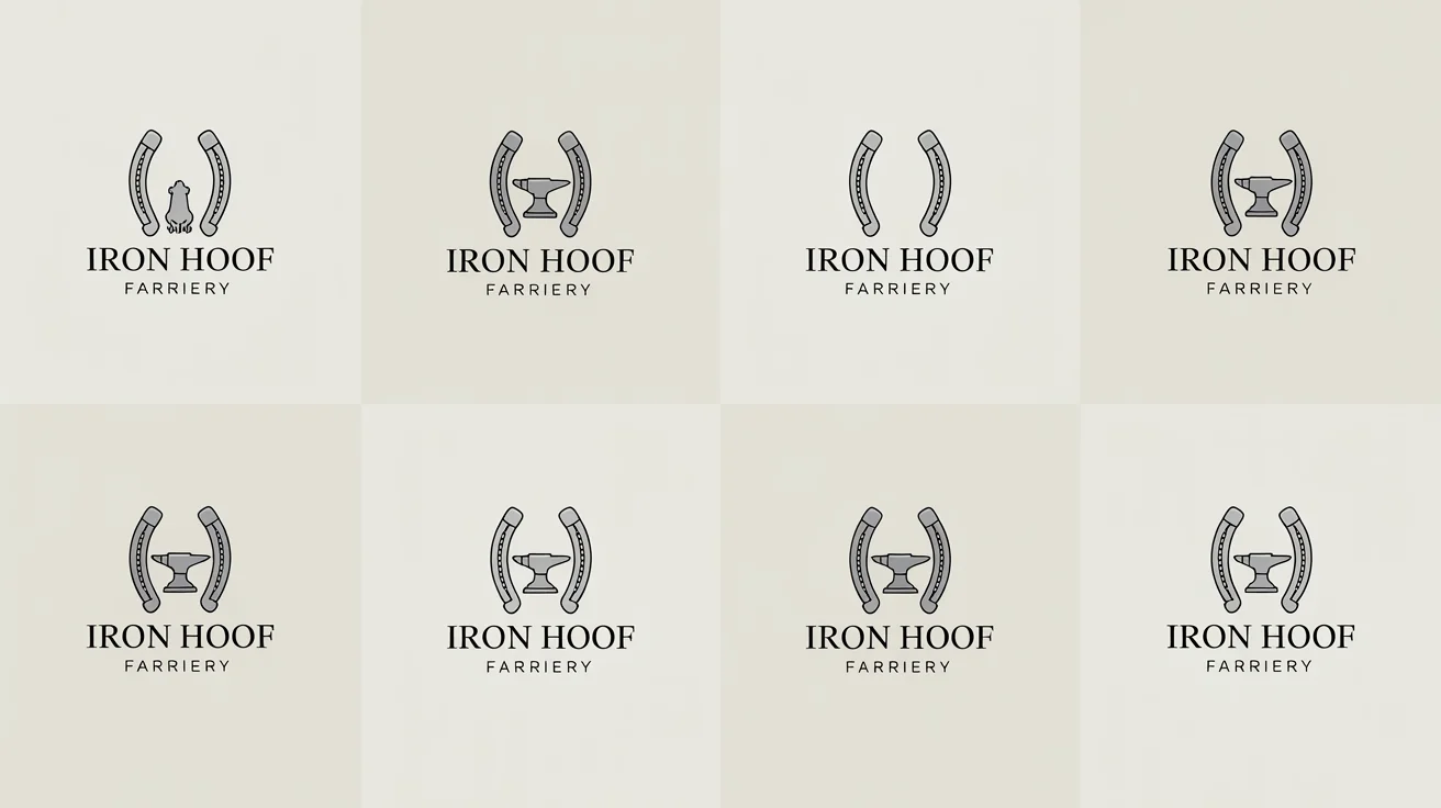 A collection of professionally designed logos for farrier businesses, displayed in a grid, featuring various designs with horseshoes, anvils, and horses.