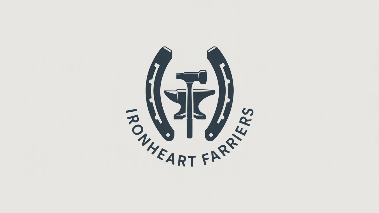 A modern logo for 'Ironheart Farriers' featuring a dark gray horseshoe with a crossed anvil and hammer in the center, all on a white background.