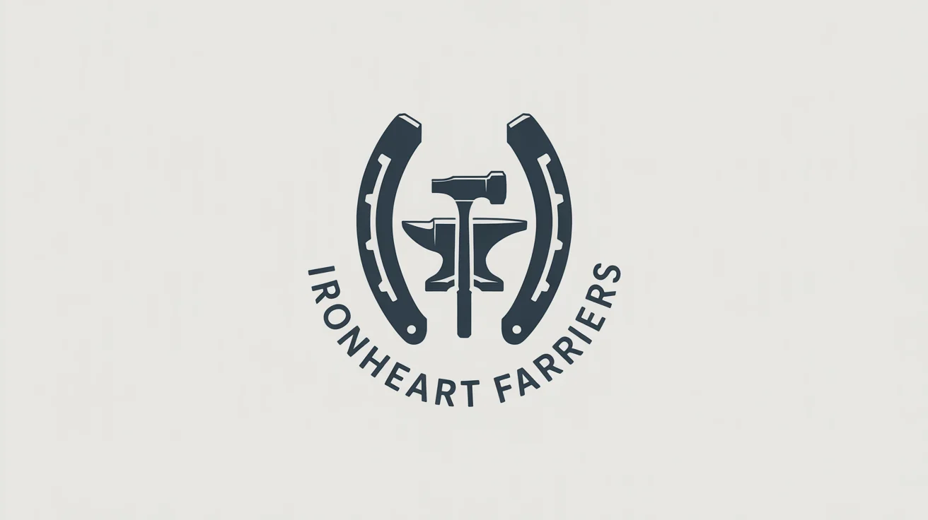 A modern logo for 'Ironheart Farriers' featuring a dark gray horseshoe with a crossed anvil and hammer in the center, all on a white background.