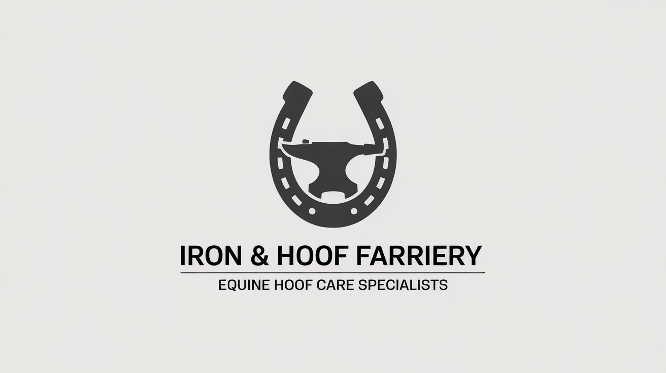 A professional farrier logo for 'Iron & Hoof Farriery' featuring a horseshoe, anvil, and hammer in charcoal gray and bronze, displayed on a clean white background.