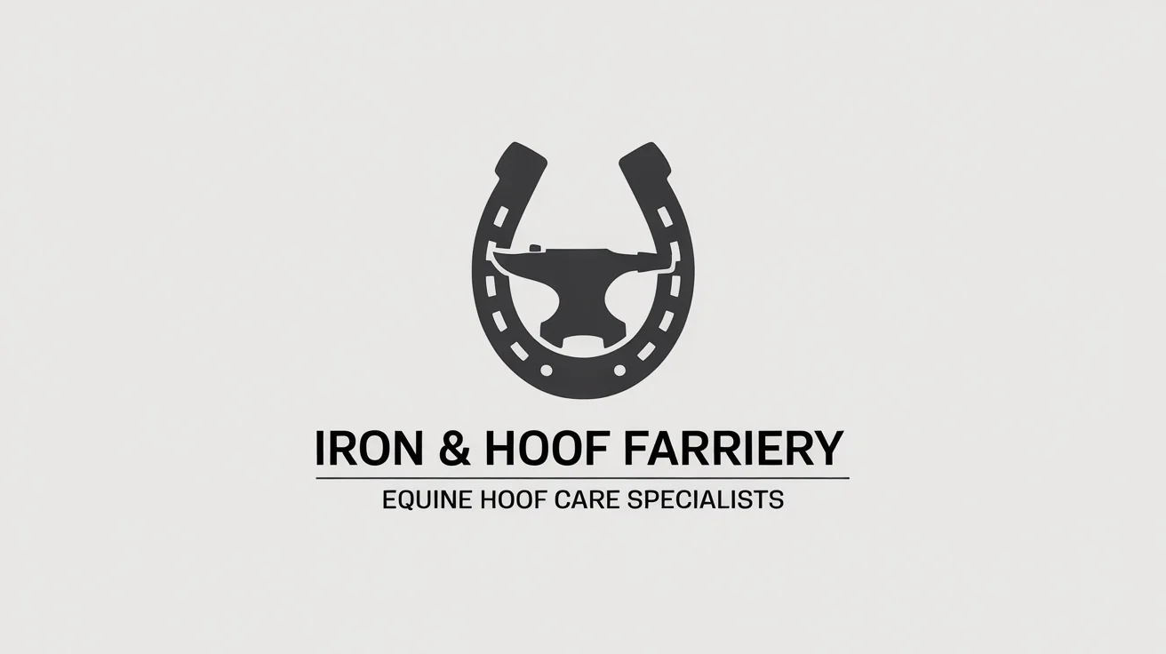 A professional farrier logo for 'Iron & Hoof Farriery' featuring a horseshoe, anvil, and hammer in charcoal gray and bronze, displayed on a clean white background.