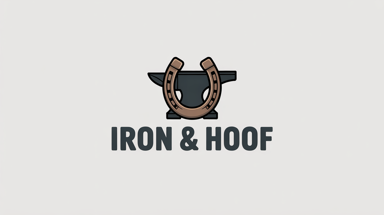 A modern logo for a farrier service named 'Iron & Hoof', featuring a minimalist design of a bronze horseshoe and a charcoal grey anvil on a white background.