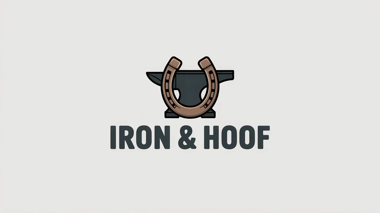 A modern logo for a farrier service named 'Iron & Hoof', featuring a minimalist design of a bronze horseshoe and a charcoal grey anvil on a white background.