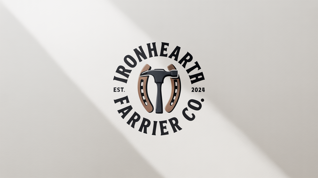 A professional mockup of a farrier logo for 'Ironhearth Farrier Co.', featuring a bronze horseshoe and hammer icon in a circular design on a white background.