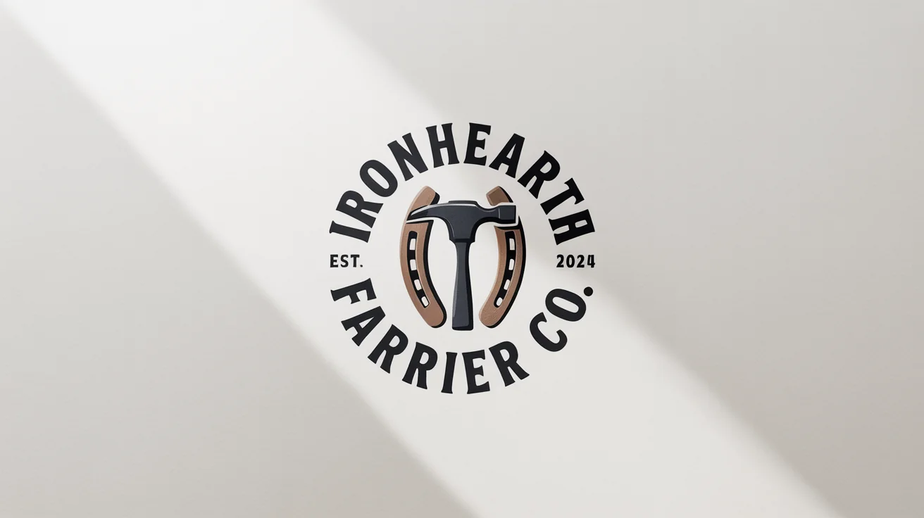 A professional mockup of a farrier logo for 'Ironhearth Farrier Co.', featuring a bronze horseshoe and hammer icon in a circular design on a white background.