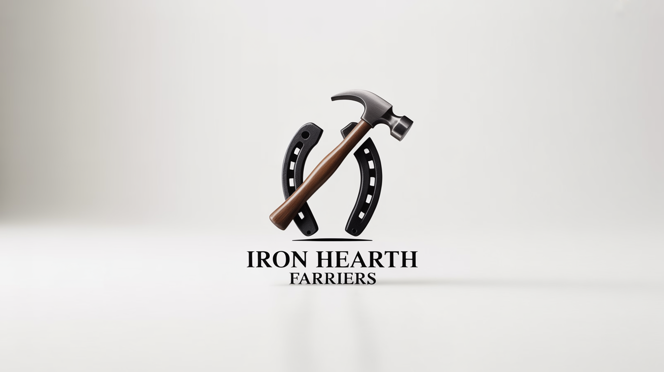 A logo for a farrier business named 'Iron Hearth Farriers', featuring a dark iron horseshoe and a hammer emblem on a clean white background.