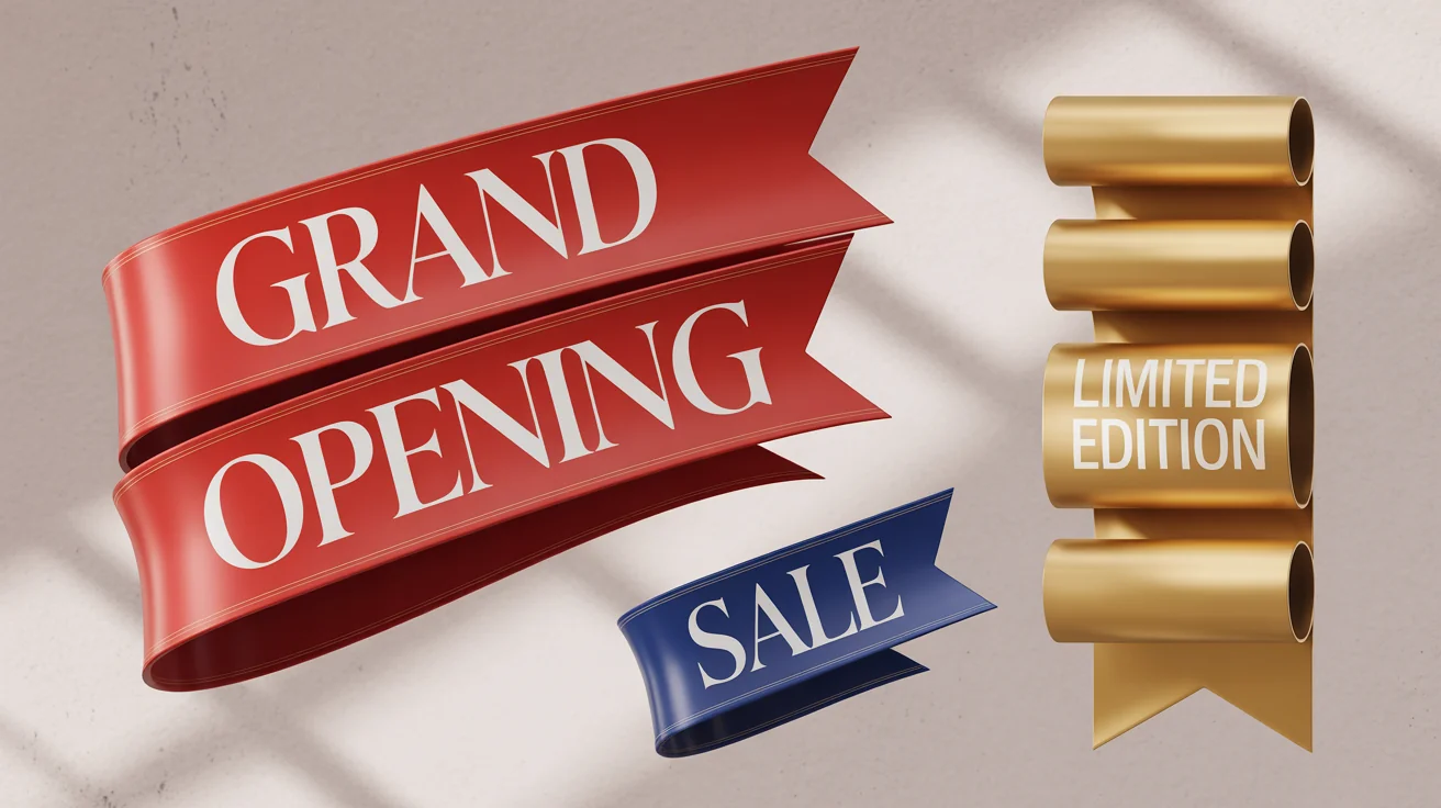 A collection of three professionally designed ribbon banners in red, blue, and gold, featuring text like 'GRAND OPENING' and 'SALE', displayed against a clean background.