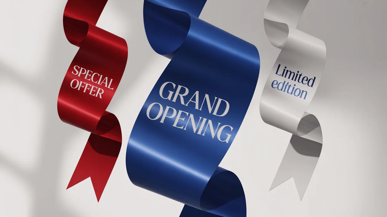 A collection of three colorful, elegant ribbon banners on a white background. The main blue banner says 'Grand Opening', a red one says 'Special Offer', and a white one says 'Limited Edition'.