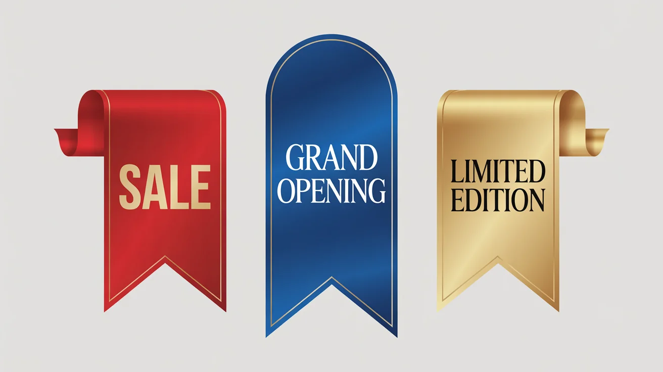 A set of three colorful ribbon banners against a white background, featuring the text 'Grand Opening', 'SALE', and 'Limited Edition' for use in graphic design.