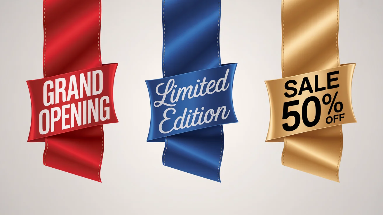 Three photorealistic ribbon banners in red, blue, and gold against a white background. The red banner says 'GRAND OPENING', the blue one says 'LIMITED EDITION', and the gold one says 'SALE 50% OFF'.