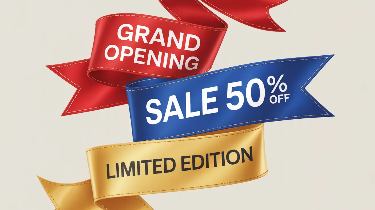 A collection of three colorful, realistic ribbon banners on a white background. A red banner says 'GRAND OPENING', a blue banner says 'SALE 50% OFF', and a gold banner says 'LIMITED EDITION'.