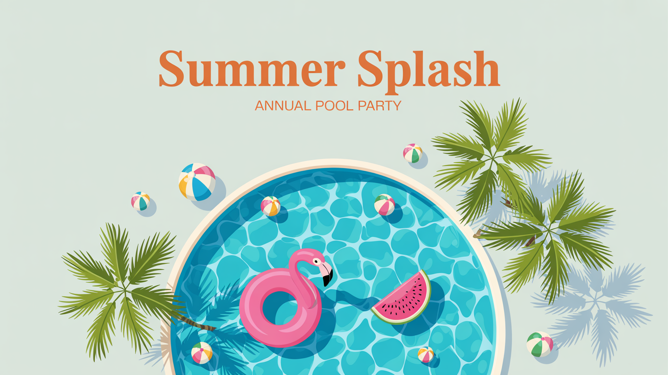 An eye-catching, professionally designed poster for a 'SUMMER SPLASH' pool party, featuring fun typography and a top-down illustration of a swimming pool with colorful floats.