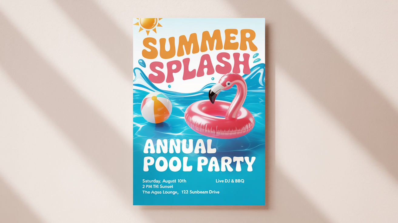 A mockup of a vibrant pool party poster that reads 'SUMMER SPLASH' against a white background. The poster features graphics of a pool, an inflatable flamingo, and event details.