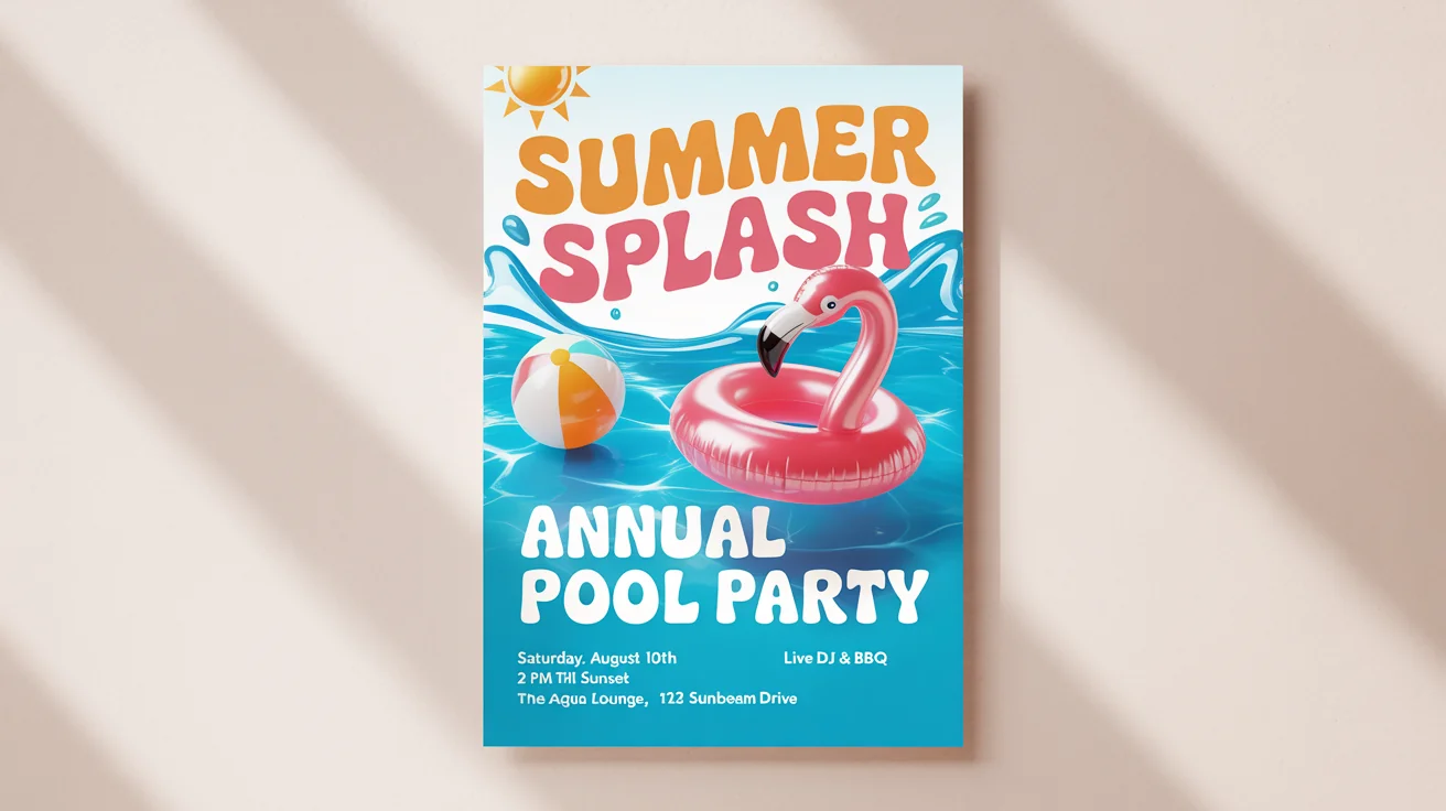 A mockup of a vibrant pool party poster that reads 'SUMMER SPLASH' against a white background. The poster features graphics of a pool, an inflatable flamingo, and event details.