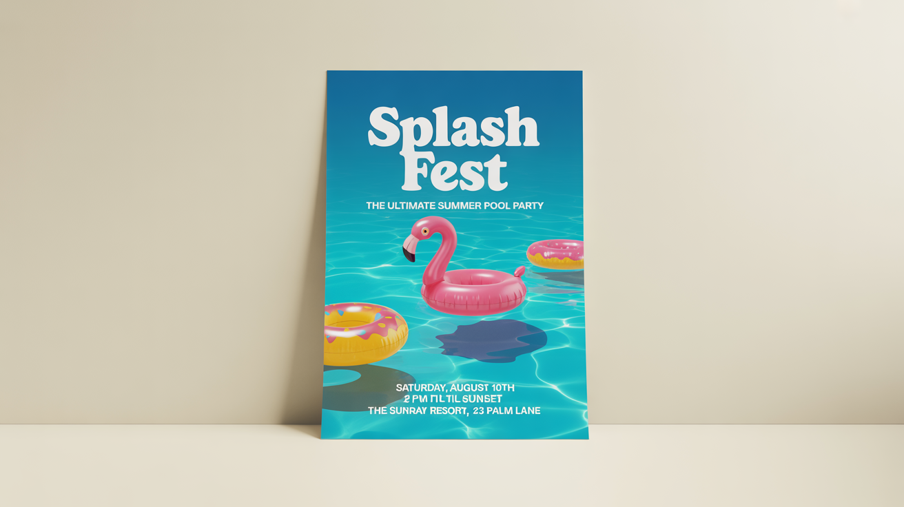 A vibrant mockup of a pool party poster titled 'SPLASH FEST'. The poster features a graphic of a swimming pool with inflatable floats and provides fictional event details, set against a clean white background.