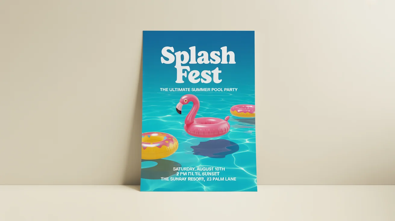 A vibrant mockup of a pool party poster titled 'SPLASH FEST'. The poster features a graphic of a swimming pool with inflatable floats and provides fictional event details, set against a clean white background.