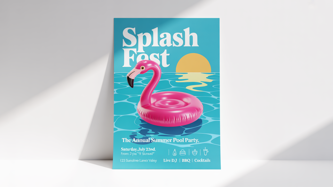 A colorful mockup of a pool party poster with the title 'Splash Fest' and illustrations of a swimming pool and a pink flamingo float, set against a clean white background.
