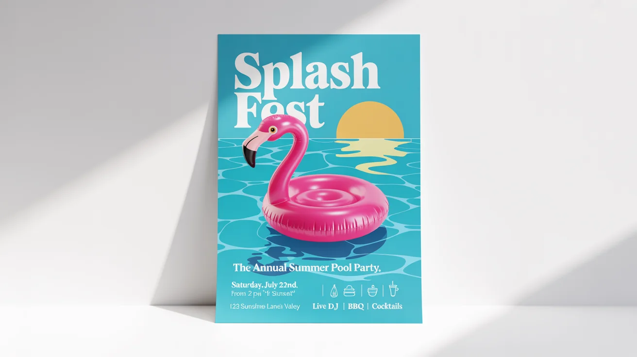 A colorful mockup of a pool party poster with the title 'Splash Fest' and illustrations of a swimming pool and a pink flamingo float, set against a clean white background.