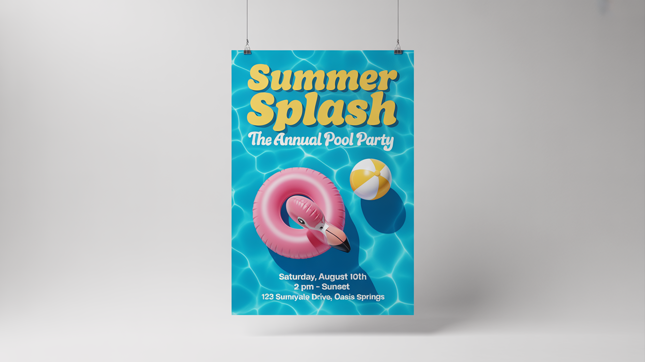 A colorful mockup of a 'Summer Splash' pool party poster featuring a graphic of a pink flamingo float in a pool, with event details listed below, all set against a clean white background.