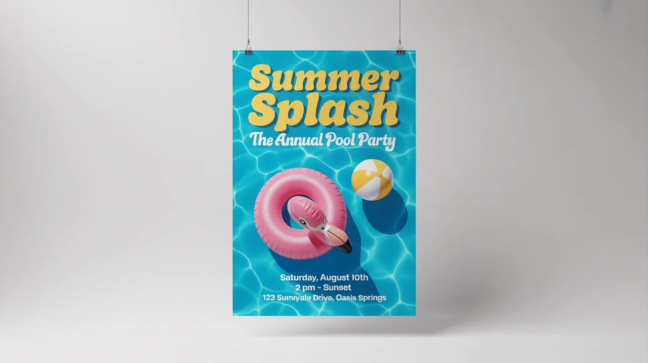 A colorful mockup of a 'Summer Splash' pool party poster featuring a graphic of a pink flamingo float in a pool, with event details listed below, all set against a clean white background.