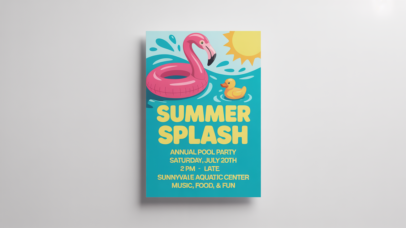 A professionally designed poster for a 'Summer Splash' pool party, shown against a white background. The poster is colorful with illustrations of a pool and floats, and includes event details.