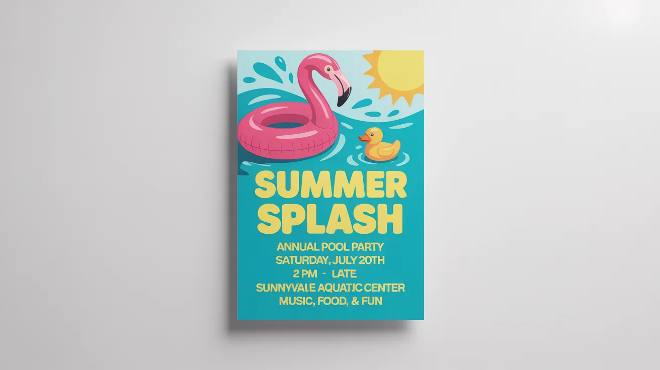 A professionally designed poster for a 'Summer Splash' pool party, shown against a white background. The poster is colorful with illustrations of a pool and floats, and includes event details.