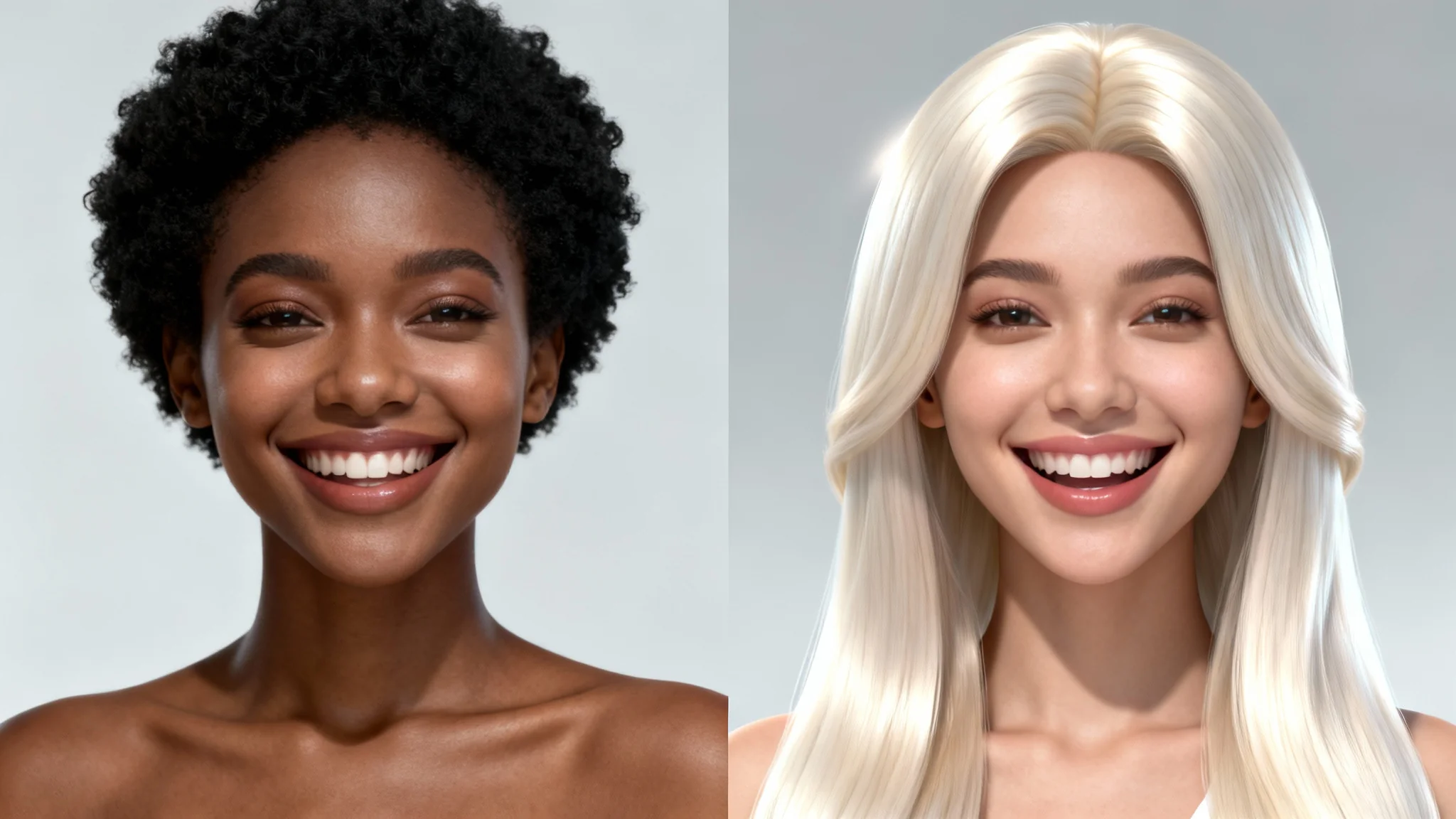 A split-screen image demonstrating a virtual wig try-on. The left side shows a woman with short natural hair, and the right side shows the same woman looking happy with a long, stylish platinum blonde virtual wig.