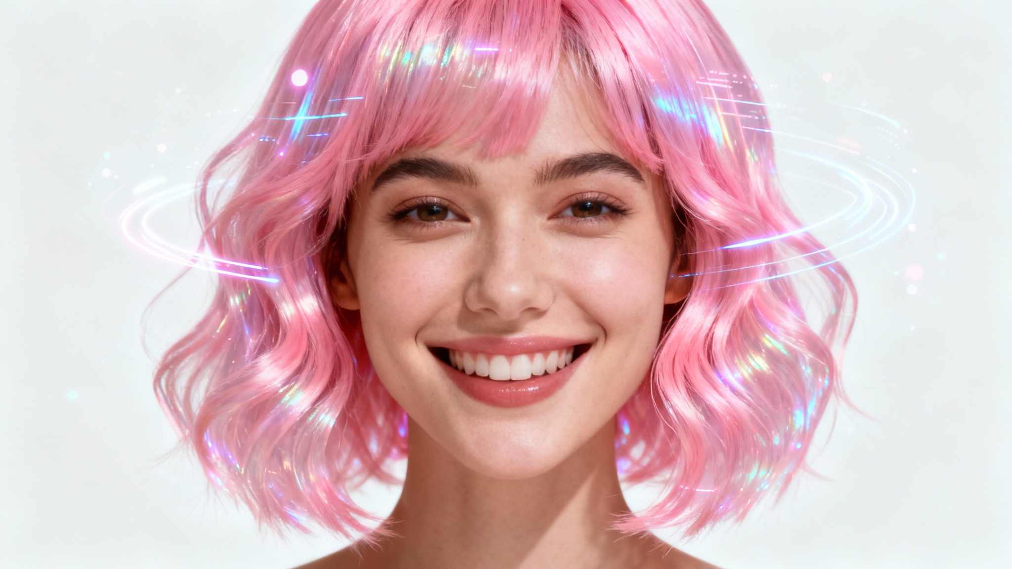 A photorealistic image of a woman smiling as a vibrant pink wig is digitally projected over her head, demonstrating a virtual wig try-on feature against a white background.