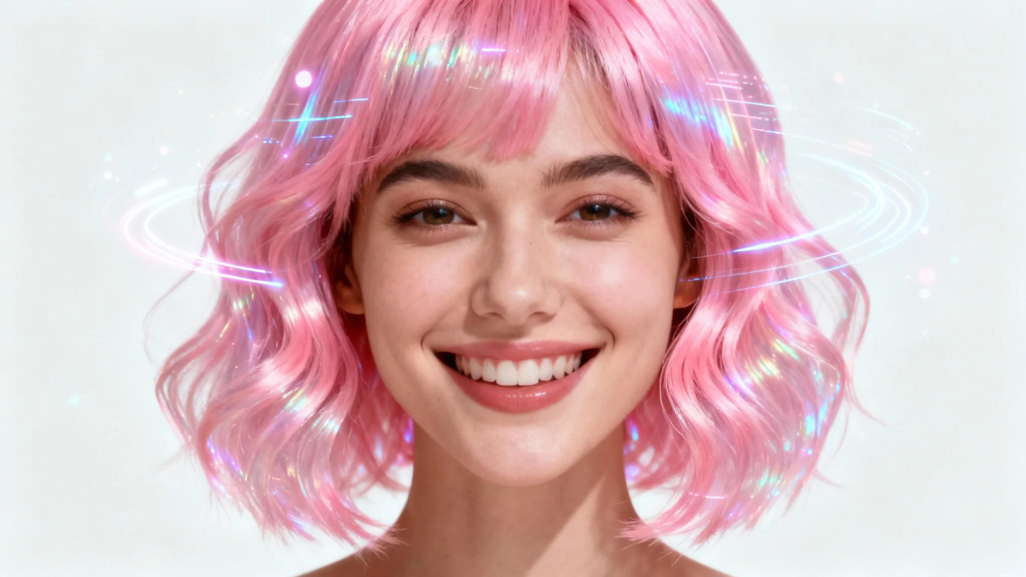 A photorealistic image of a woman smiling as a vibrant pink wig is digitally projected over her head, demonstrating a virtual wig try-on feature against a white background.