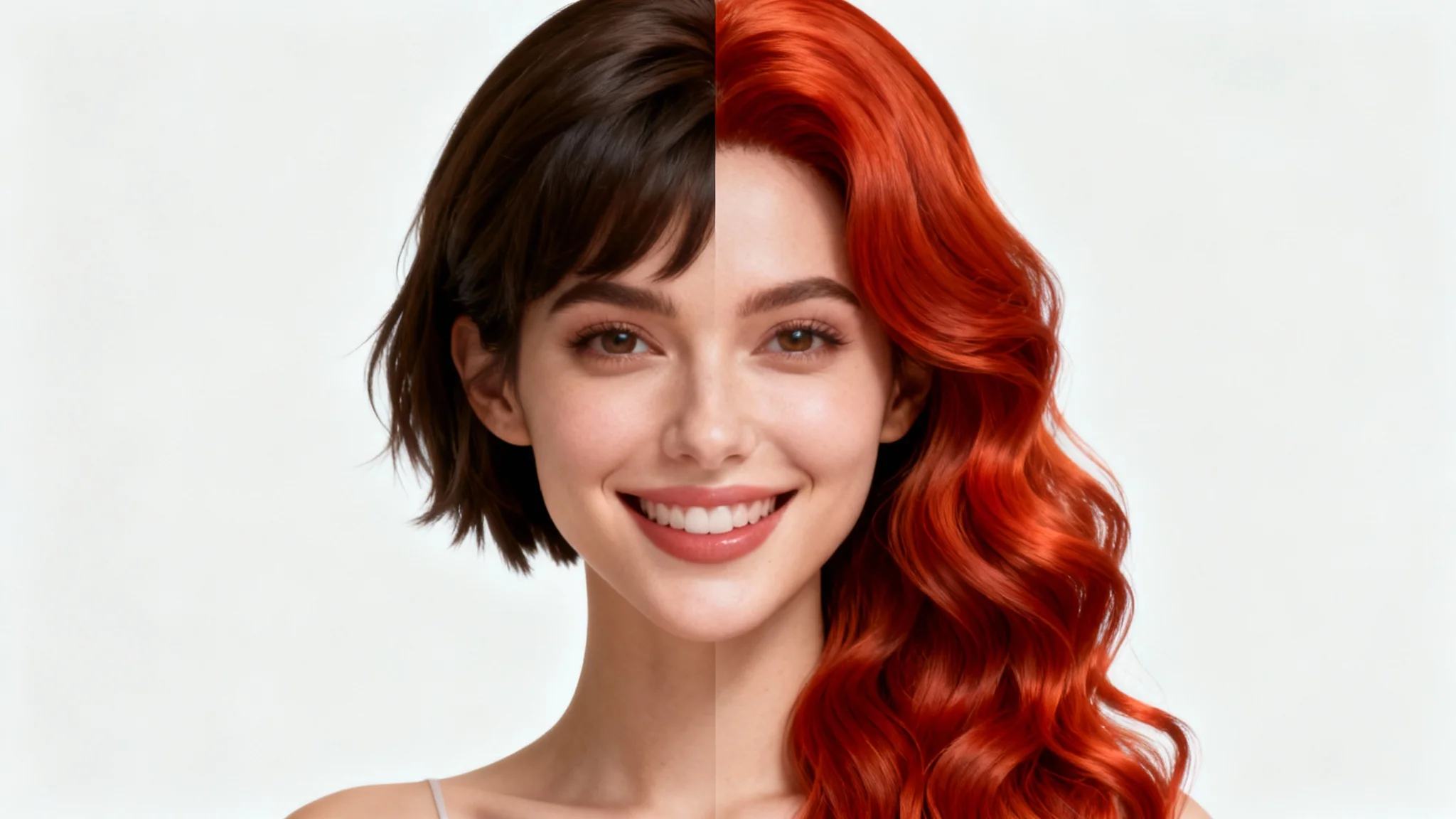 A woman's face shown in a split-view, with her natural short dark hair on one side and a long wavy red wig on the other, illustrating a virtual wig try-on feature.