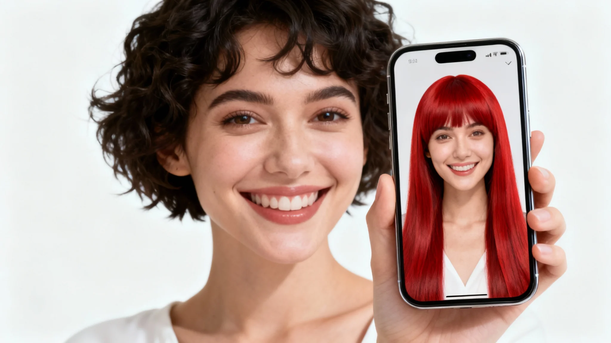 A smiling woman with short curly hair holds a smartphone showing a virtual try-on of herself with a long, sleek red wig, against a clean white background.