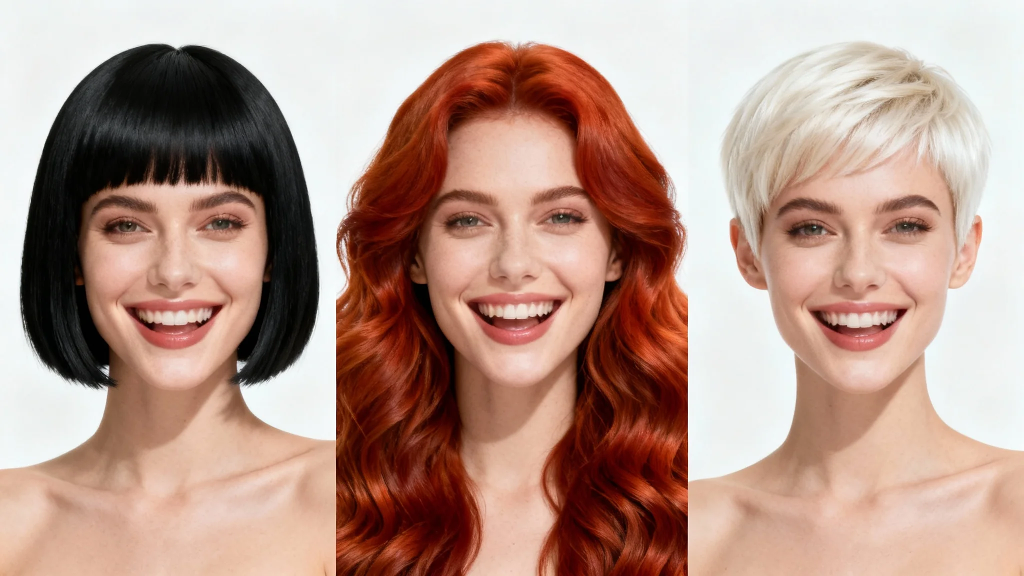 A woman happily trying on three different virtual wigs shown in a side-by-side comparison against a white background. On the left, she has a black bob; in the middle, long red waves; and on the right, a blonde pixie cut.