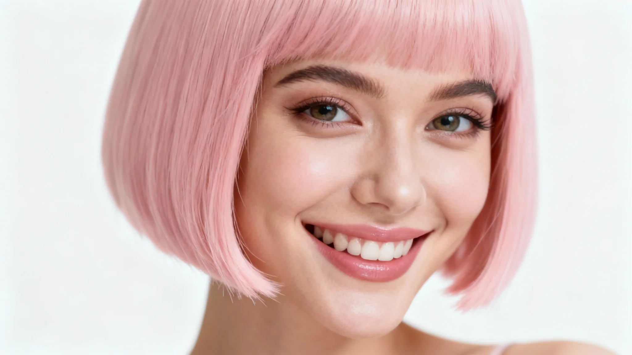 A happy woman with a bright smile models a virtual pastel pink bob wig against a clean white background.
