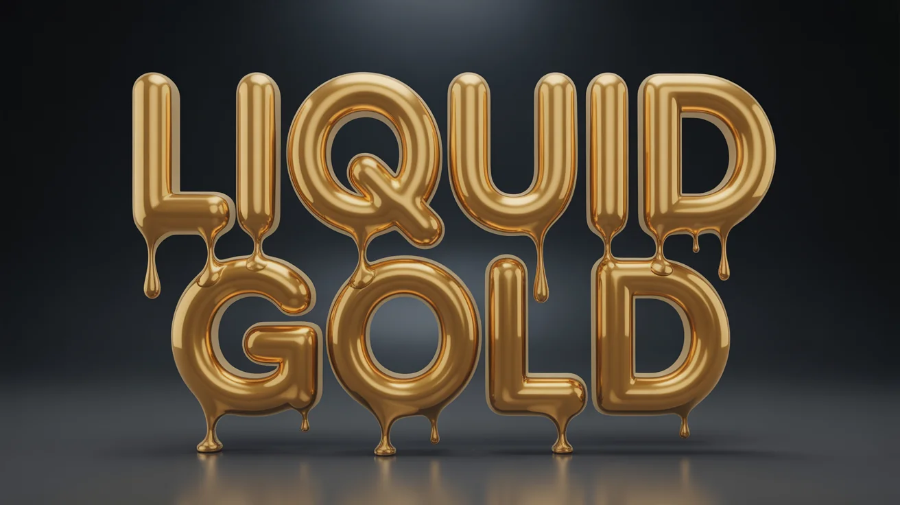A stunning hero image showcasing a hyperrealistic 3D liquid gold text effect. The words "LIQUID GOLD" appear to be made of molten gold, dripping and splashing against a clean, dark background.