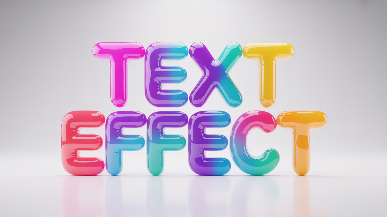 A photorealistic 3D rendering of the words "TEXT EFFECT" designed to look like shiny, inflated balloons in a magenta, cyan, and yellow gradient, set against a clean white background.