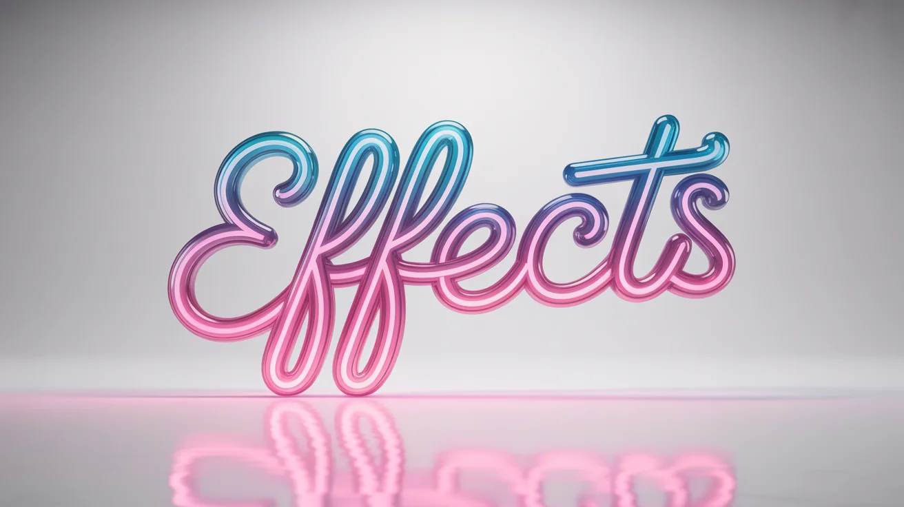 A 3D text effect showing the word 'EFFECTS' in glowing pink and blue neon script, set against a plain white background.