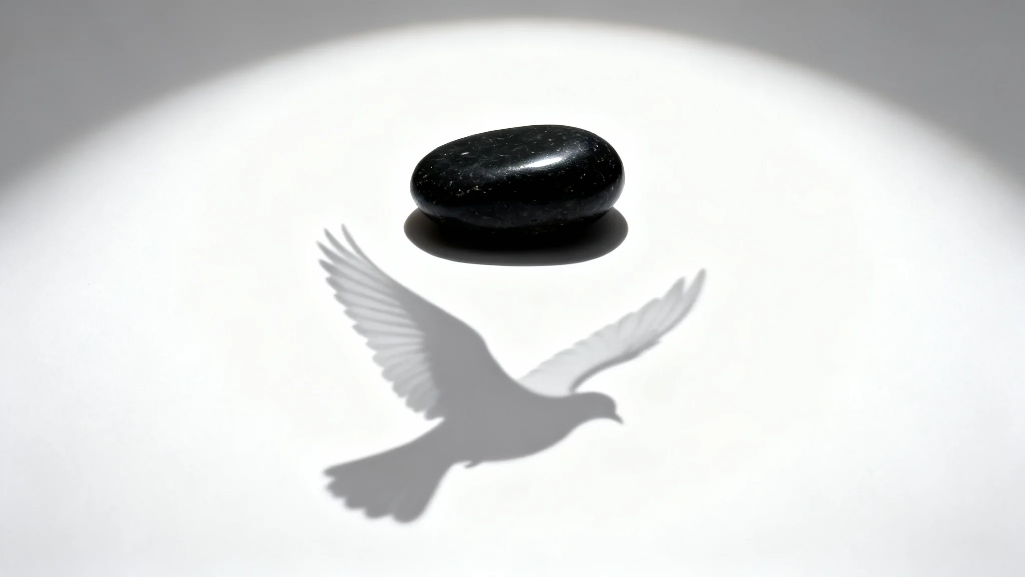 A single black stone sits on a white background, but its shadow is in the shape of a white dove in flight, symbolizing peace and hidden meaning.