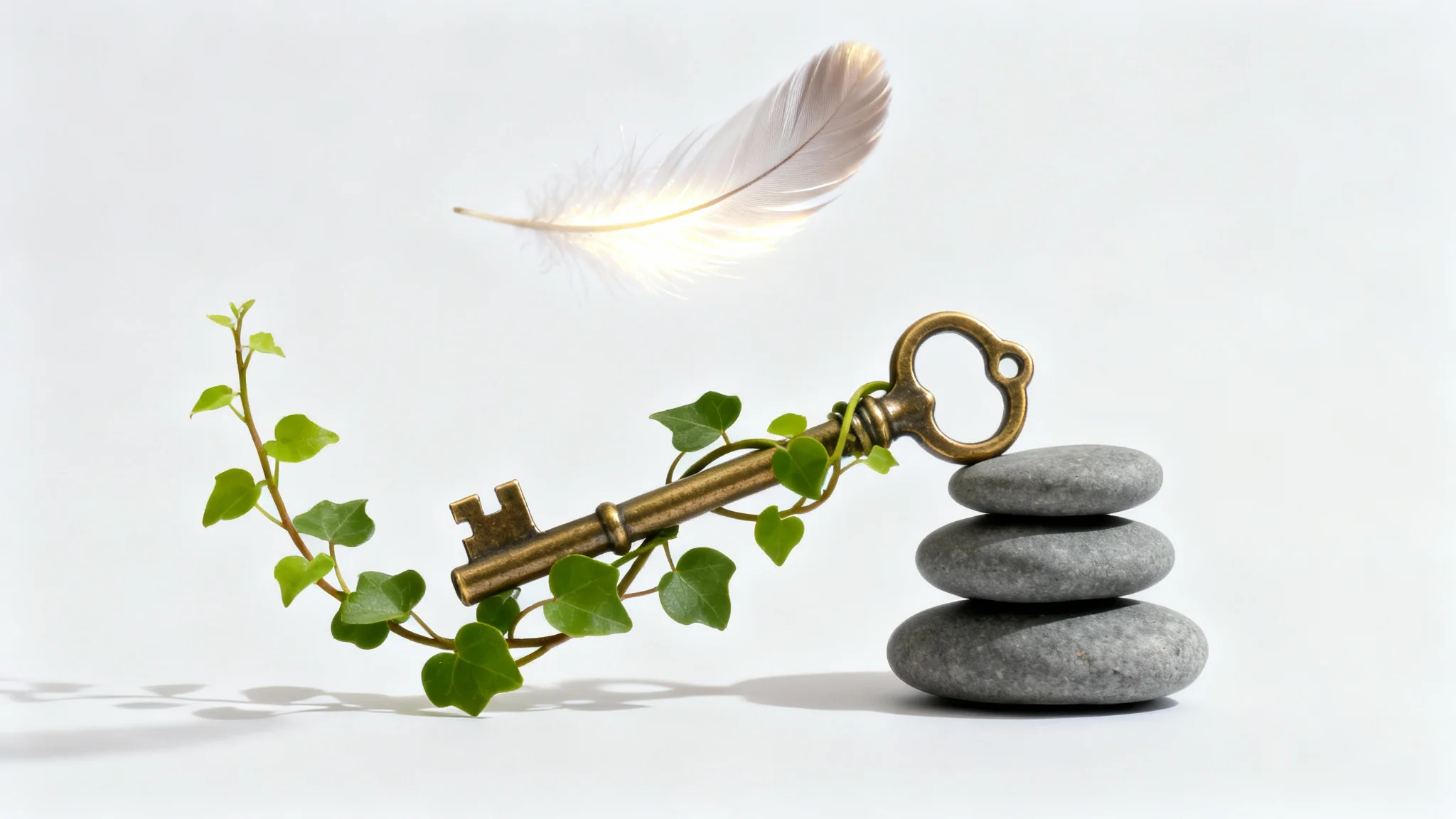A minimalist and symbolic image on a white background showing an antique key, a small green vine, a stack of balanced stones, and a floating feather, representing concepts of opportunity, growth, stability, and freedom.