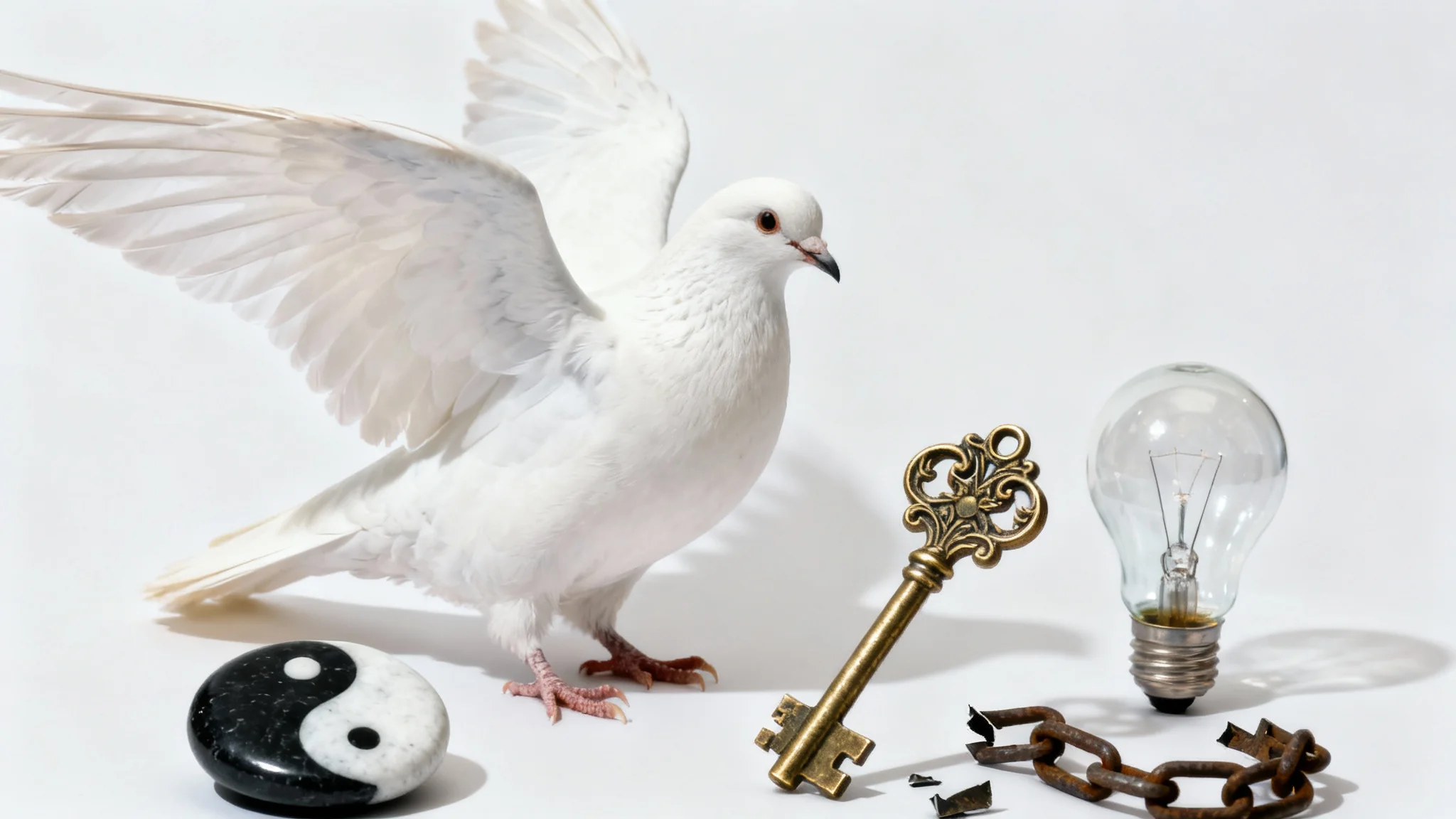A conceptual still life photograph on a white background, featuring a collection of symbolic objects: a white dove, a brass key, a broken chain, and a yin-yang symbol, all arranged to represent the idea of symbolism.