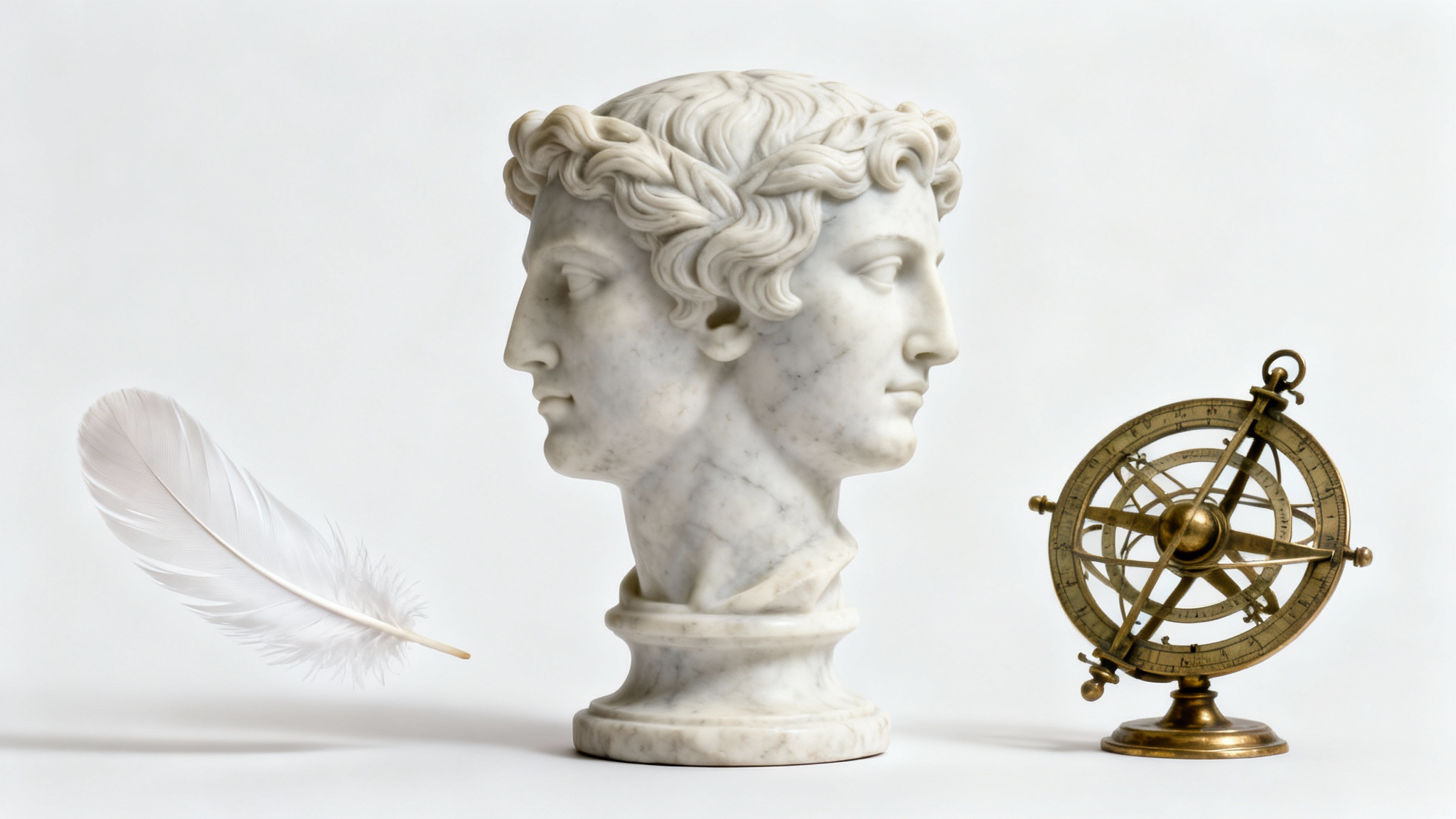 A symbolic still life composition on a white background, featuring a two-faced marble bust, a floating white feather, and an antique brass astrolabe, representing duality, truth, and knowledge.