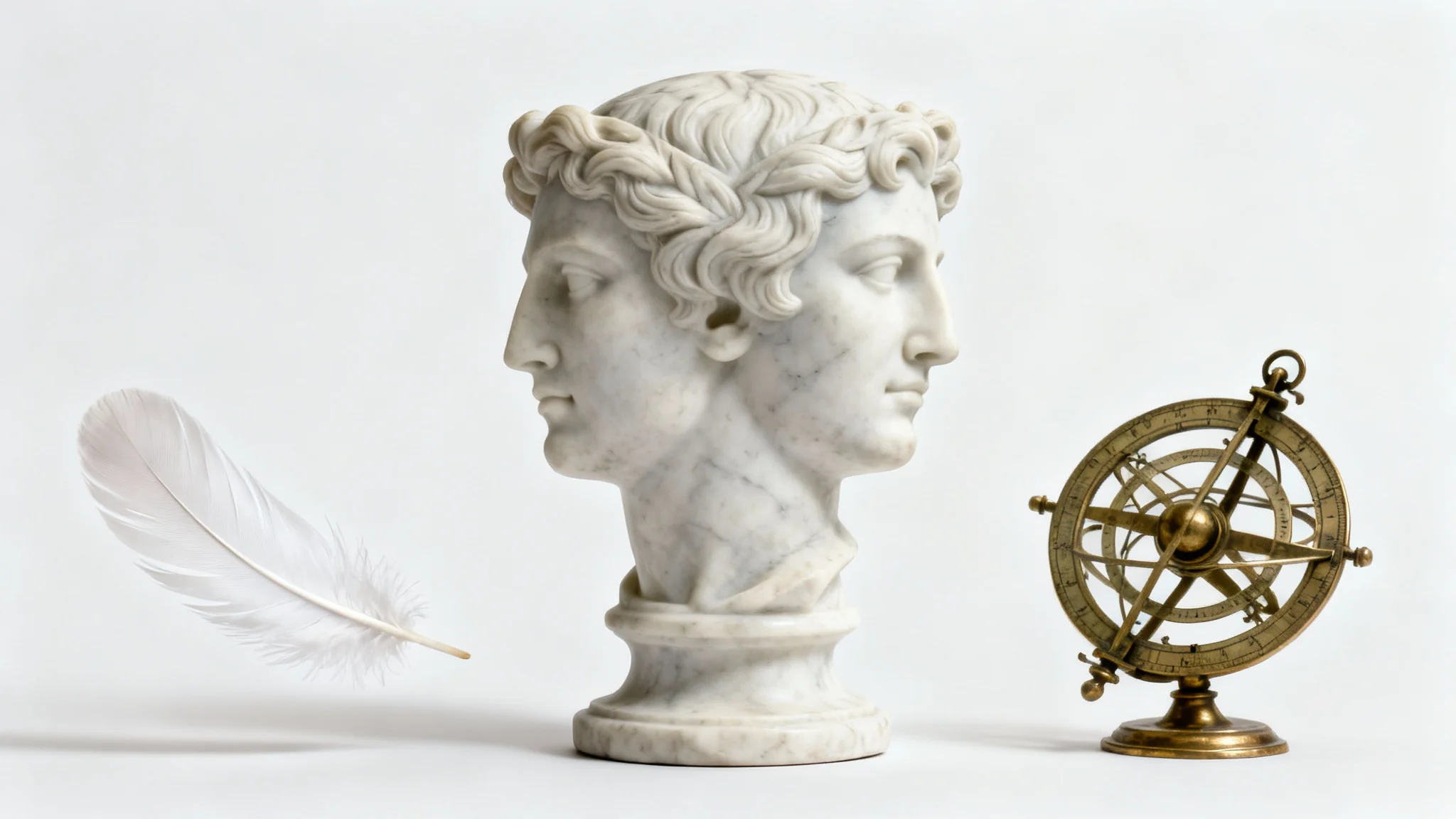 A symbolic still life composition on a white background, featuring a two-faced marble bust, a floating white feather, and an antique brass astrolabe, representing duality, truth, and knowledge.