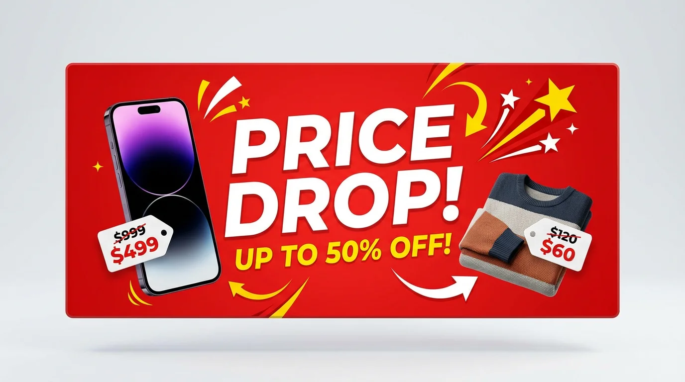 A vibrant red 16:9 price drop banner for a sale. It displays the text 'Price Drop!' in large white letters and 'Up to 50% Off!' in yellow. Product images of a smartphone and clothing are shown with discounted prices.