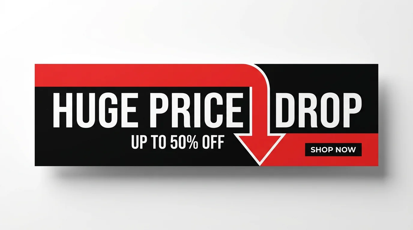 A modern red, black, and white banner advertising a sale, with the text 'HUGE PRICE DROP' and 'UP TO 50% OFF' in bold white letters against a white background.